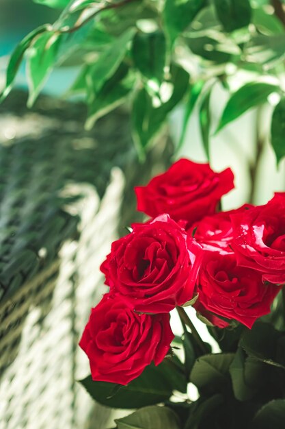 Boeket rode rozen als bloemenvakantiecadeau mooie verse tuinbloemen als woondecoratie