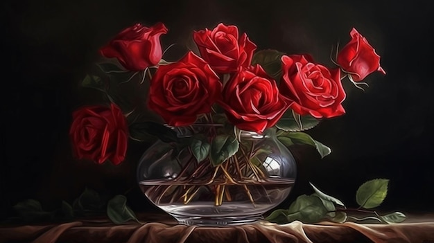 Boeket rode rozen in een glazen vaas op een houten tafel generatieve ai