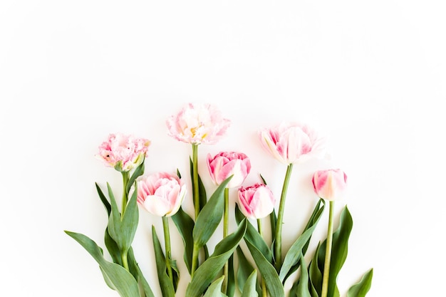 Boeket roze tulpen op witte achtergrond minimale floral concept plat lag bovenaanzicht
