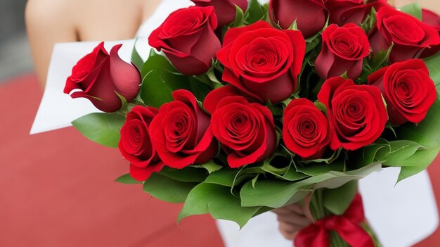 boeket rozen op een houten tafel met een geschenk