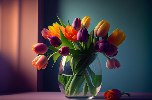 Boeket tulpen in vaas op achtergrond van interieur