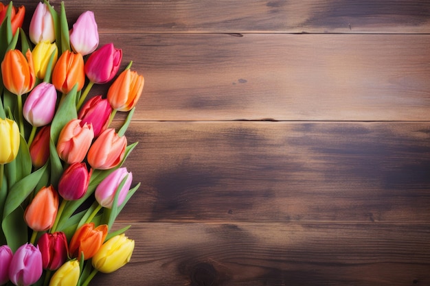 Boeket tulpen op houten achtergrond Bovenaanzicht met kopie ruimte