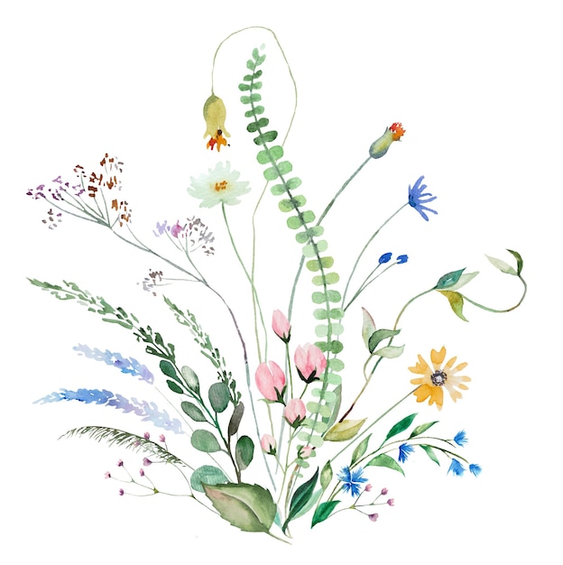 Boeket van aquarel wilde bloemen en bladeren zomer bruiloft en groet illustratie geïsoleerd