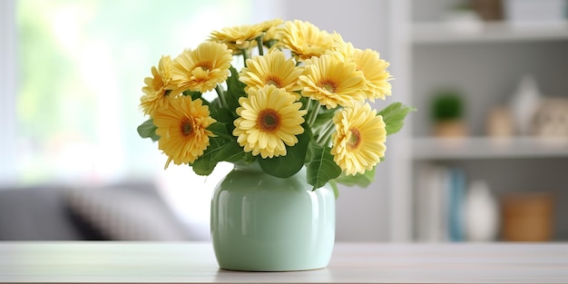 Boeket van gele gerbera madeliefjes bloemen in groene salie vaas kleur op witte tafel