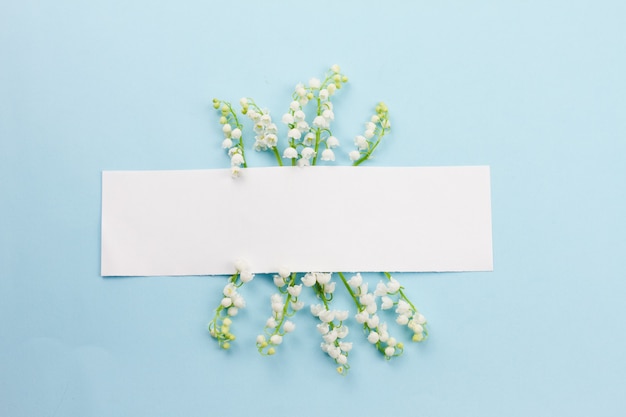 Boeket van geurige verse lelietje-van-dalen met blanco toon op pastelblauw