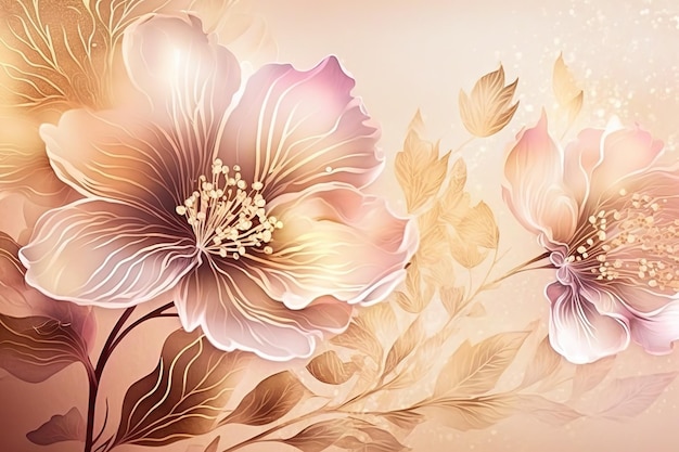 Boeket van gouden en roze bloemen Mooie minimalistische print voor uw decor voor ansichtkaart gefeliciteerd en poster Generative AI