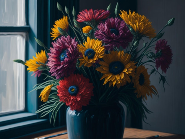 Boeket van kleurrijke bloemen in een vaas op de vensterbank