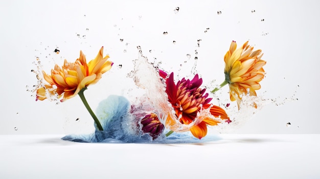 Boeket van kleurrijke bloemen in water spatten van verf op een witte achtergrond kleurrijke kleuren