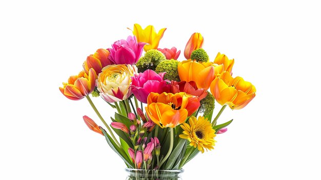 Foto boeket van kleurrijke bloemen met vaas op een geïsoleerde witte achtergrond