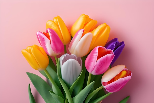 Boeket Van Kleurrijke Tulpen Geïsoleerd Op Een Roze Achtergrond