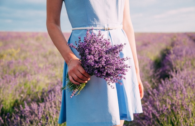 Boeket van lavendel in de handen van een meisje in een blauwe jurk