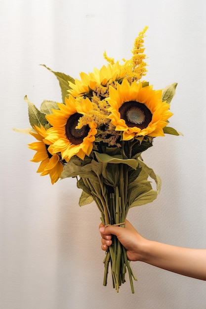 boeket van mooie bloemen met zonnebloem op grijze tafel Bloemisterij concept Lente c Generatieve AI