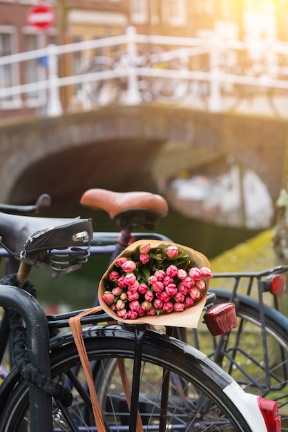 Boeket van mooie roze tulpen liggen op de kofferbak van de fiets. Amsterdam