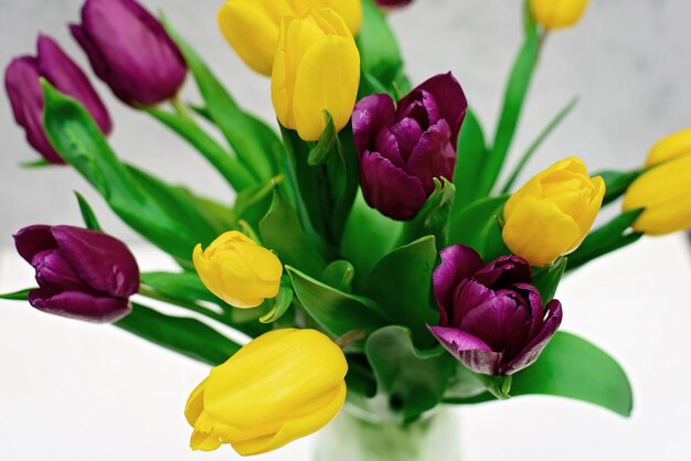 Boeket van paarse en gele lentetulp bloemen