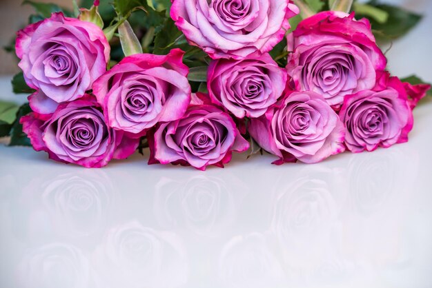 Boeket van paarse rozen op witte achtergrond bloem achtergrond Mothers Day bruiloft en verjaardag concept