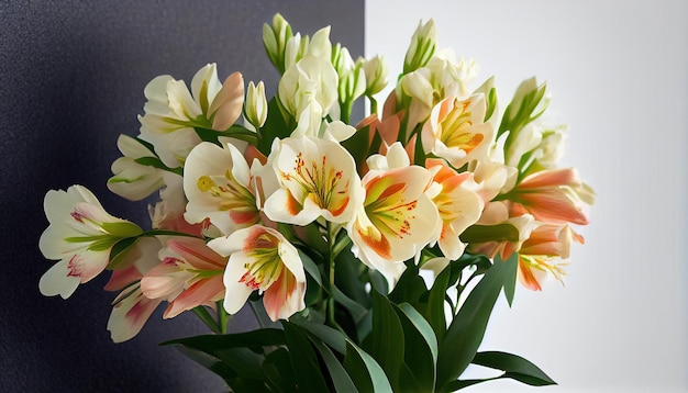 Boeket van prachtige alstroemeria bloemen in de buurt van licht