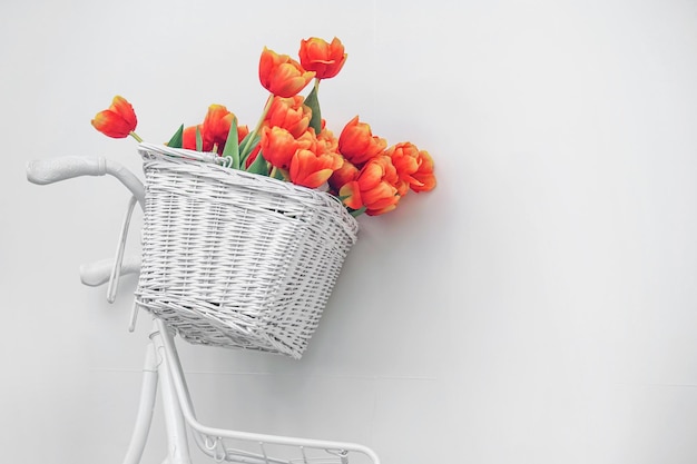 Boeket van rode tulpen in een mand op een witte achtergrond