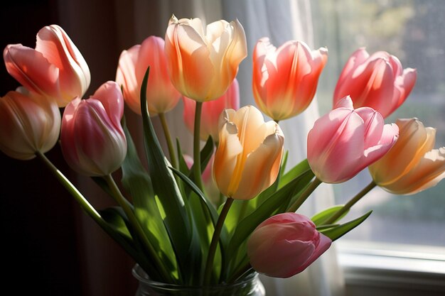 Boeket van roze en gele tulpen op een witte achtergrond