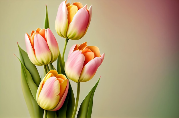 Boeket van roze en gele tulpen op pastel achtergrond