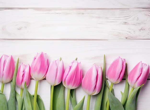 Foto boeket van roze tulpen op witte houten achtergrond bovenaanzicht kopie ruimte