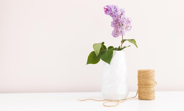 Boeket van seringen in een glazen vaas geïsoleerd op witte tak met lila bloemen