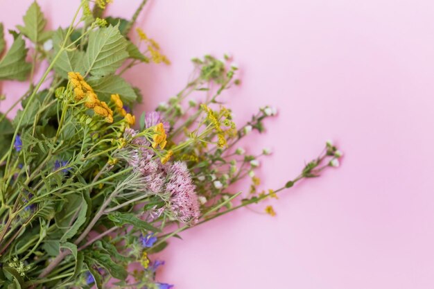 Boeket van wilde bloemen op roze achtergrond