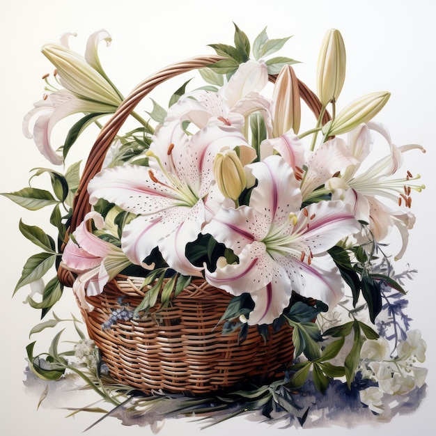 Foto boeket van witte en roze lelies in een rieten mand aquarel generatieve ai