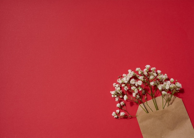 Boeket van witte gypsophila in een bruine zak van kraftpapier op een rode achtergrond bovenaanzicht