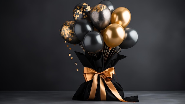 Boeket van zwarte en gouden ballonnen met cadeauzakje met strik Black Friday-concept