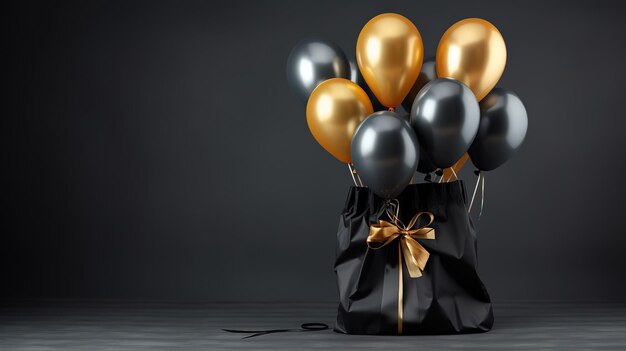 Boeket van zwarte en gouden ballonnen met cadeauzakje met strik Black Friday-concept