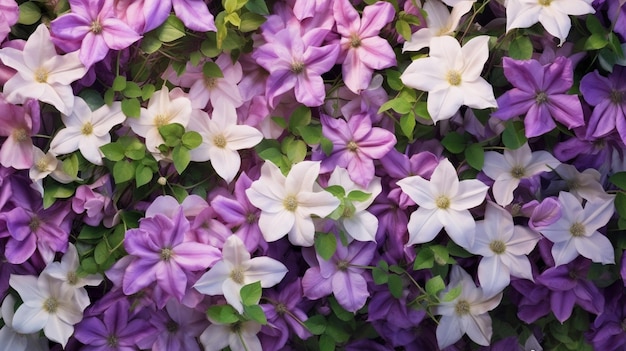 Boeket verse bloemen Close-up paarse clematis Bloemenscène daglicht originele phot Generatieve AI