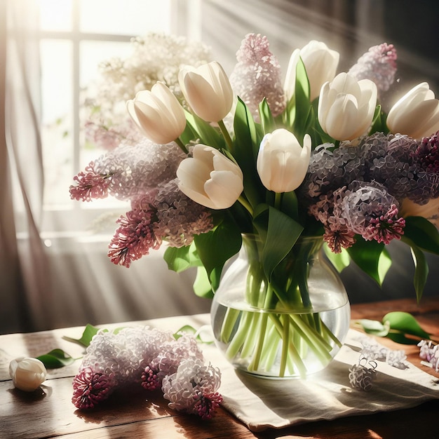 Boeket voorjaarsbloemen op de vensterbank