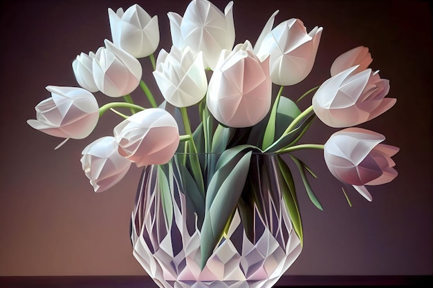 Boeket witte tulpen in een glazen vaas, illustraties gemaakt met behulp van kunstmatige intelligentie