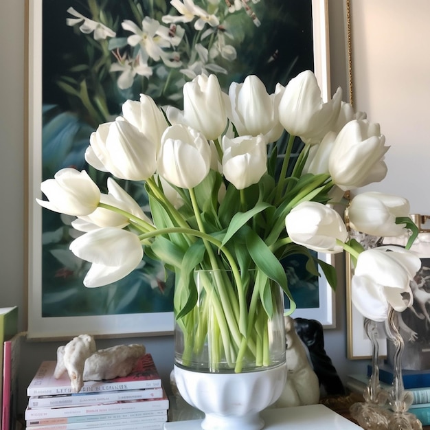 Boeket witte tulpen in een vaas op de vensterbank