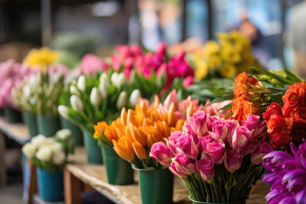 Boeketten met heldere, verse bloemen tentoongesteld op een markt