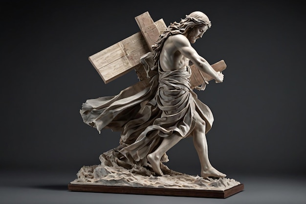 Boeksculptuur van Jezus Christus die met het kruis loopt ingewikkelde dynamische beweging
