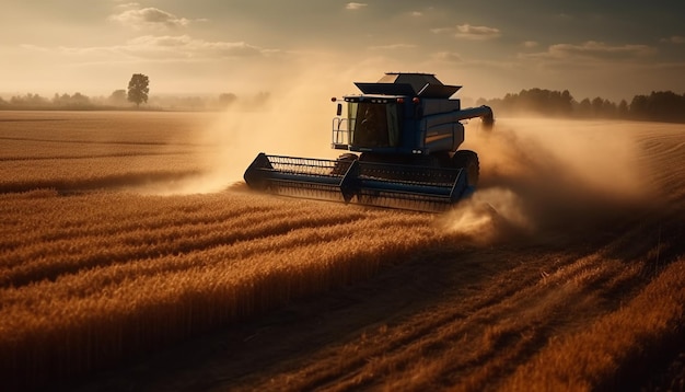 Boer bij zonsondergang oogst tarwe met door AI gegenereerde maaidorser