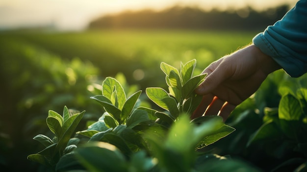 Boer controleert de bladeren van de groene planten van zijn velden