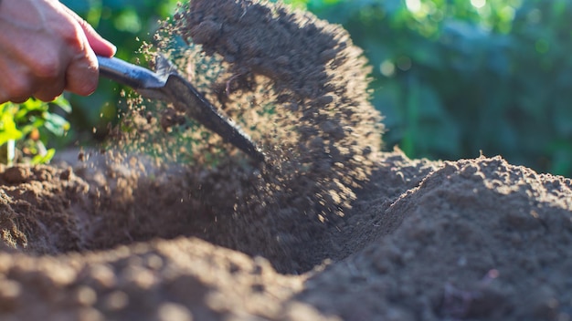 Boer cultiveert land in de tuin met handgereedschap Bodem losmaken Tuinconcept Landbouwwerkzaamheden op de plantage