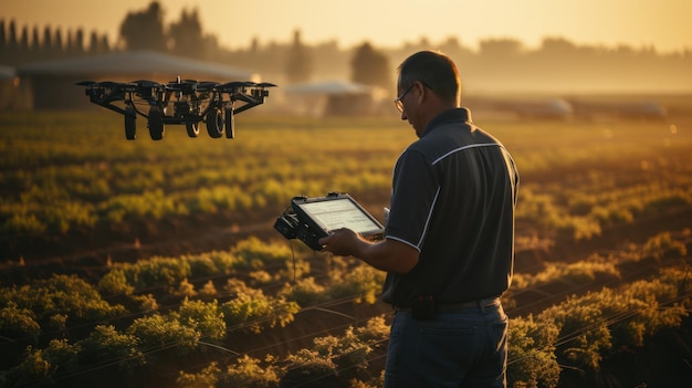 Boer die drone bestuurt met digitale camera op het veld in zonsonderganglicht Generatieve AI