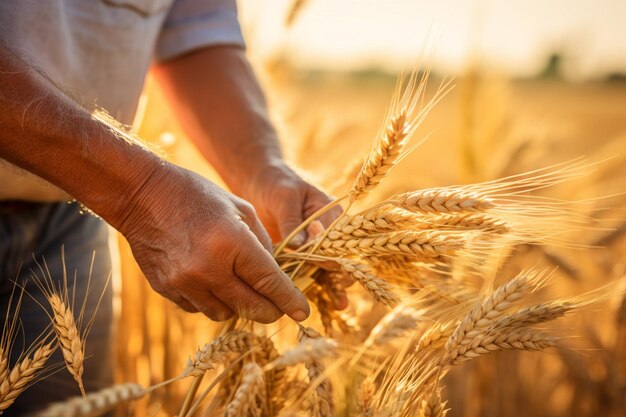 Boer die haver oogst in het haverveld Bokeh-achtige achtergrond