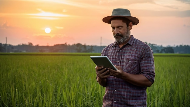 Boer die in een rijstveld staat met een tablet