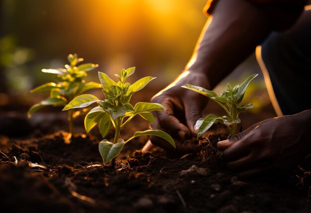 Boer die jonge zaailingen in de grond plant