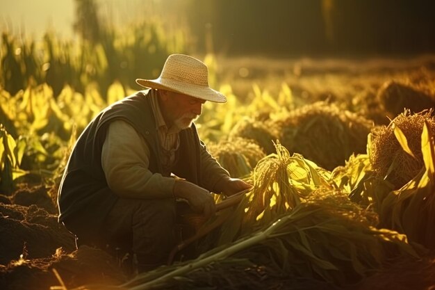Foto boer die maïs verzamelt op het veld