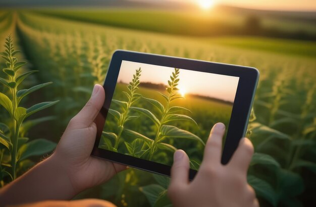 boer die moderne technologie gebruikt om de groei van gewassen in het groene veld bij zonsondergang te controleren