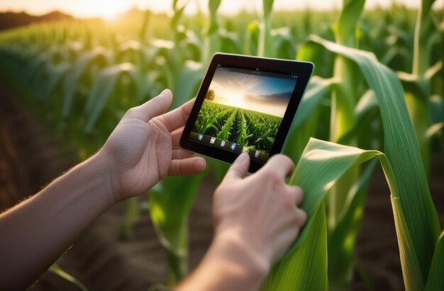 boer die moderne technologie gebruikt om de groei van maïsgewassen in het groene veld bij zonsondergang te controleren