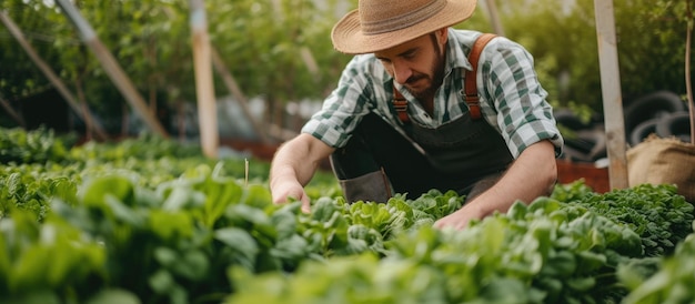 Boer die planten in een kas verbouwt