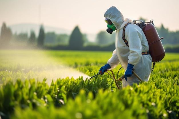 Foto boer draagt een beschermend masker terwijl hij pesticiden spuit op het veld kakkerlakkensoort geïdentificeerd als bl