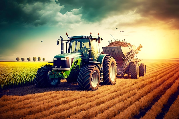 Foto boer en landbouwtrekker in veld met rijke oogst