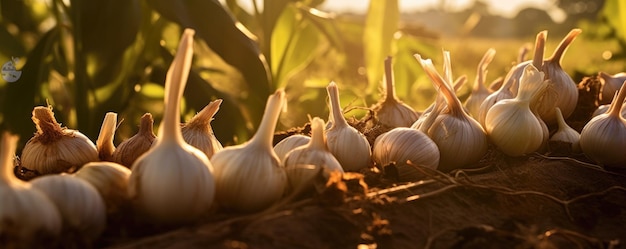 Boer houdt verse biologische knoflook en knoflookbollen in een tuin Generatieve ai